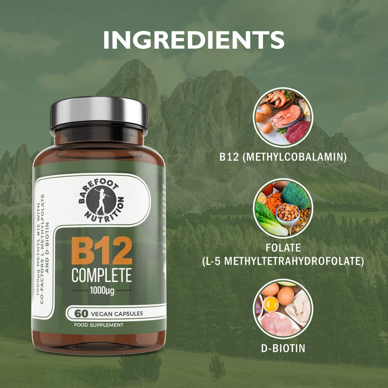 Barefoot Nutrition - B12 Complete, High Strength Supplement, Methylated B 12 (1000�g) - with Cofactors Methyl folate (400�g) & D-Biotin (400�g) - 60 x 1 A Day Vegan-Friendly Capsules - BeesActive Australia
