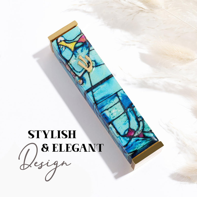 SURI Mezuzah Case - 4 Inch Modern Mezuzah for Door with Turquoise Marc Chagall Design, Made of 24K Gold-Plated Aluminum. Gift Box & a Non-Kosher Scroll are Included Turquoise & Gold - BeesActive Australia