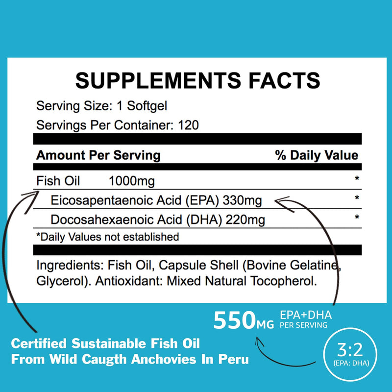 High Strength Omega 3 Fish Oil Capsules - 4 Month Supply Omega 3 1000mg Capsules, Omega 3 High Strength Fish Oil Supplement - Omega3 Heart Health Supplement, Fish Oil Omega 3 Capsule, Omega-3 Softgels - BeesActive Australia