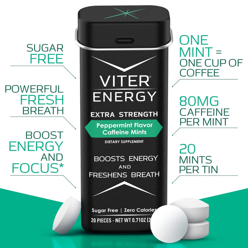 Viter Energy Extra Strength Caffeinated Mints - 80mg Caffeine, B Vitamins, Sugar Free Vegan Breath Mint. Powerful Energizing Boost. 1 Mint Replaces 1 Coffee, Gum, Chews, Gummies (Peppermint, 6 Pack) Peppermint 20 Count (Pack of 6) - BeesActive Australia