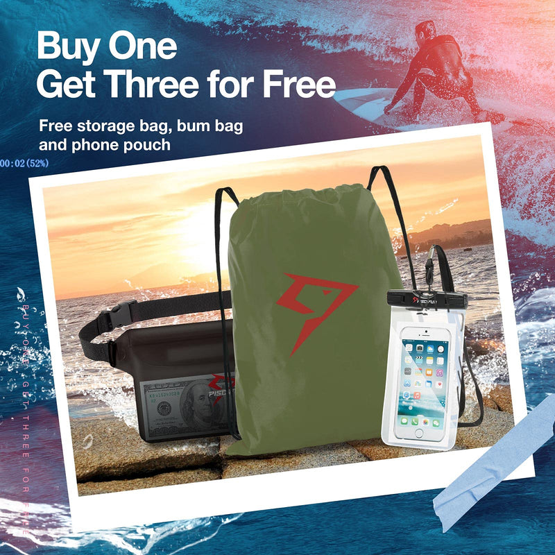 Piscifun LT Dry Bag Waterproof, Floating Dry Backpack, Lightweight Waterproof Dry Bag with Waist Pouch and Phone Case for Kayaking, Camping, Beach, Boating & Swimming for Men & Women 10l,20l,30l,40l Army Green - BeesActive Australia