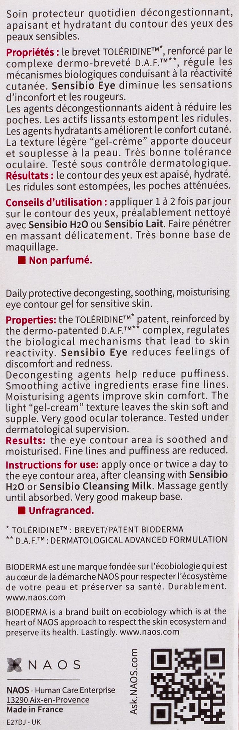 Bioderma - Eye Gel - Sensibio - Moisturizing and Visibly Reduces Fine Lines - Skin Soothing - Eye Gel for Sensitive Skin - BeesActive Australia