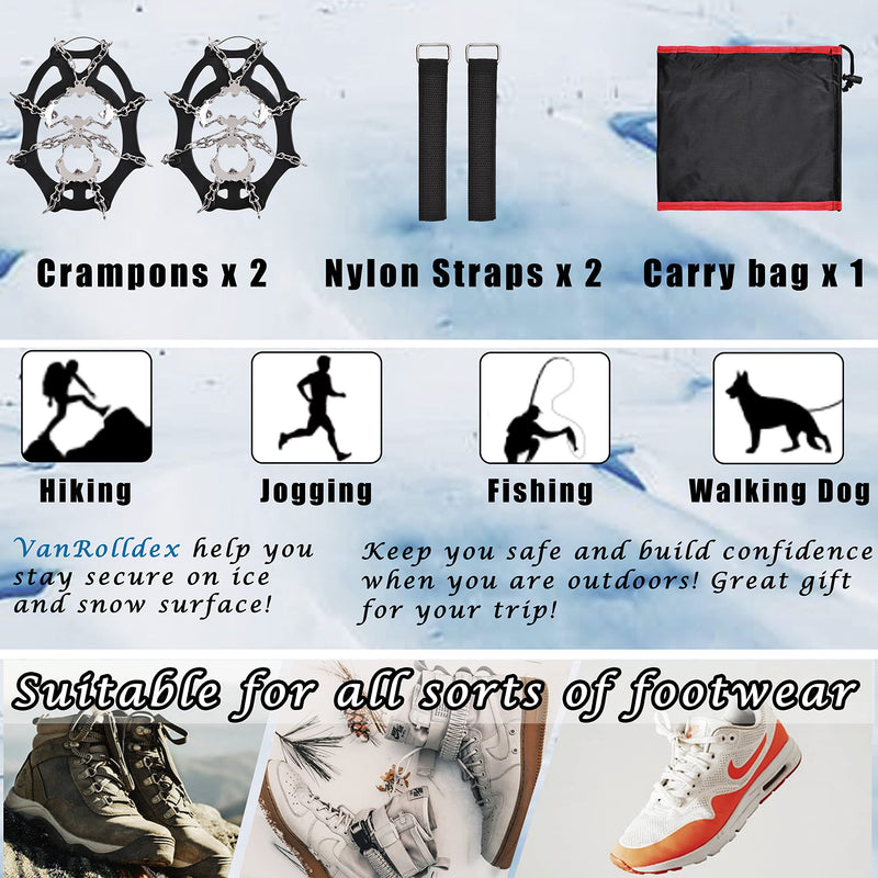 VanRolldex Ice Cleats for Boots Shoes Ice Snow Traction Cleats Anti-Slip 19 Spikes Stainless Steel Crampons Safe Protect Footwear for Men Women Hiking Climbing Mountaineering Walking Fishing Jogging 19 Spikes with Strap X-Large - BeesActive Australia