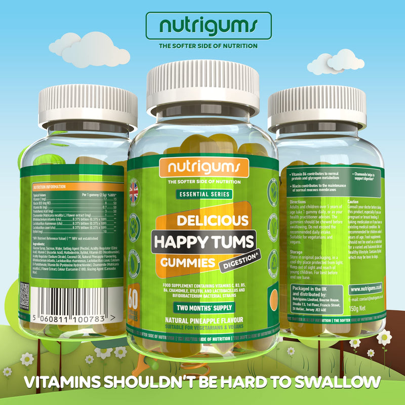 Happy TUMS (Probiotics) 60 Vegan Gummies Pineapple Flavour | Gut & Digestive Health 1.25 Billion CFU Probiotics, Vitamins C, B3, B5, B6, Chamomile and Xylitol | Adults + Kids Age 5+ by NUTRIGUMS� - BeesActive Australia