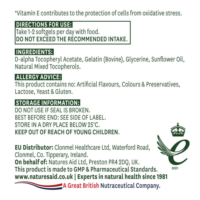 Natures Aid Vitamin E 200iu 60 Softgels (Natural Source Vitamin E, Protects Cells from Oxidative Stress, Made in the UK) - BeesActive Australia