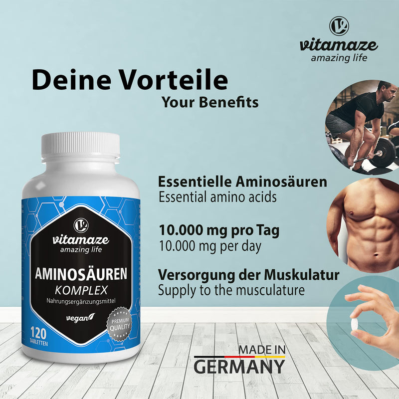Essencial Amino Acids 10.000mg - All 5 EAA (Lysine, Phenylalanine, Threonine, Methionine, Tryptophan) and 3 BCAA (Leucine, Valine, Isoleucine) - Full Formula to Build and Repair Muscle - 120 Tablets - BeesActive Australia