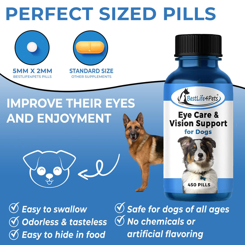 Eye Care and Vision Support Dog Supplement - Natural Eye Infection Treatment Relieves Conjunctivitis, Swelling, Discharge, and More - Stop The Dog Eye Drops Struggle with Easy to Use Pills (450 ct.) - BeesActive Australia