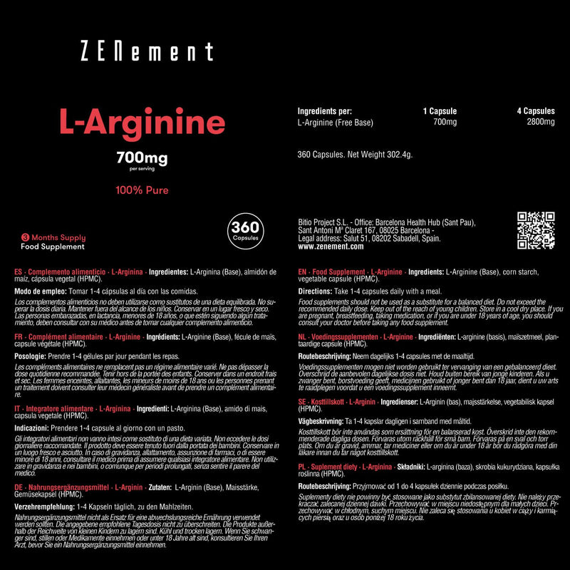 L-Arginine 100% Pure, 2800mg (4 Capsules), 360 Capsules | Vasodilator, Promotes Athletic Performance and Muscle Development | Vegan, Additive Free, Gluten Free | Zenement - BeesActive Australia