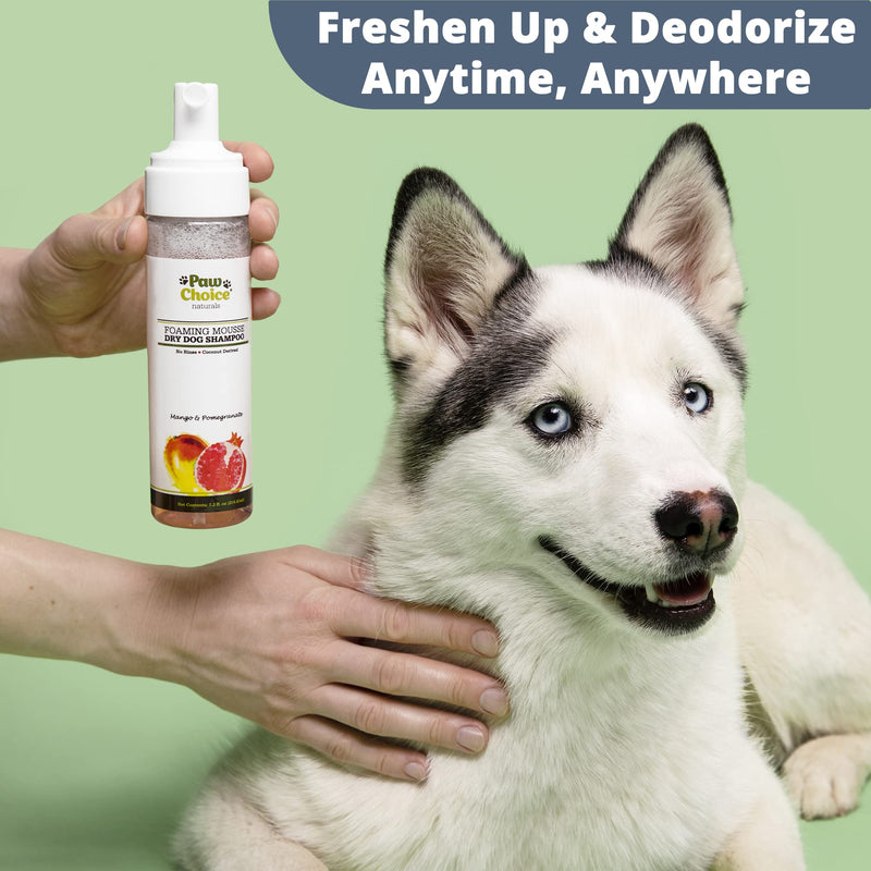 Paw Choice Dry Dog Shampoo - Waterless Dog Shampoo, No Rinse Foam Mousse for Removing Odor and Bathless Cleaning of Coat - Natural Dry Shampoo for Dogs - Made in USA Mango & Pomegranate - BeesActive Australia
