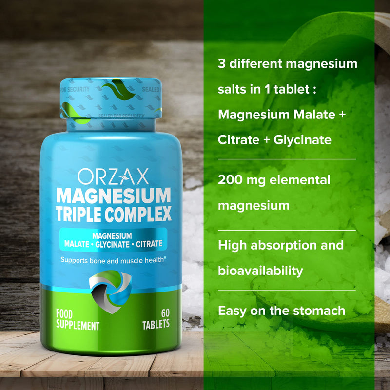 ORZAX Magnesium Complex, High Absorption, 200 mg Triple Mag Glycinate, Malate & Citrate, Magnesio Helps for Muscle Relaxation, Sleep, Leg Cramps & Mood, Gluten & Dairy Free, 60 Tablets (60 Day Supply) - BeesActive Australia