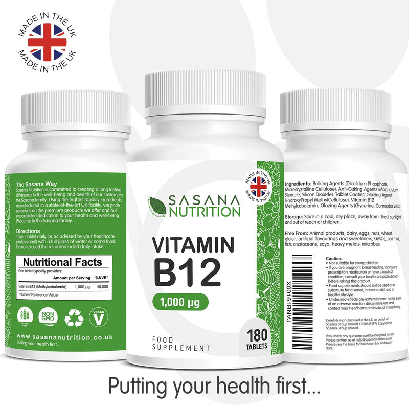 Sasana Nutrition Vitamin B12 Tablets High Strength 1000mcg - 180 Vegan/Vegetarian Tablets 6 Months Supply � B12 Vitamin Manufactured in The UK - BeesActive Australia