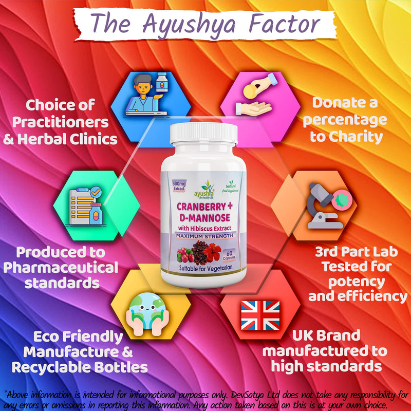 Ayushya Cranberry D-Mannose with Hibiscus Extract Capsules UTI Bladder Support Cystitis,Natural,60 Capsules (Pack of 1) - BeesActive Australia