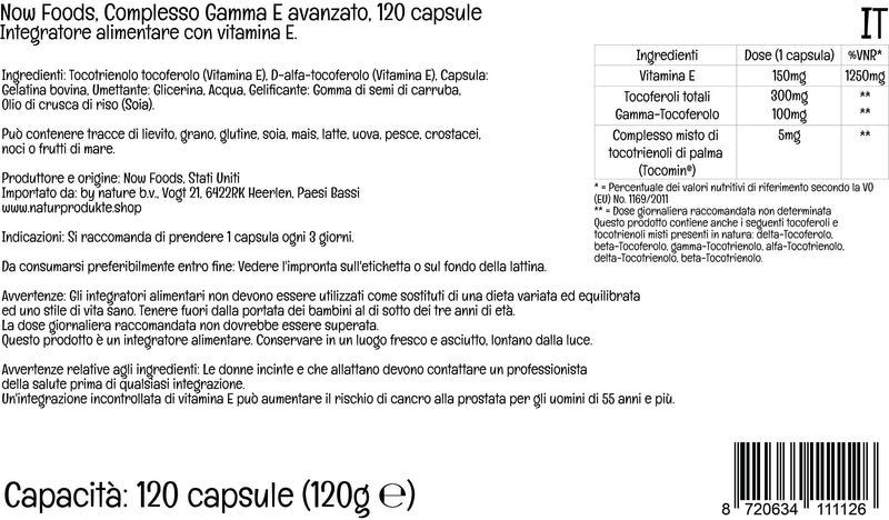 Now Foods, Advanced Gamma-E-Complex, 120 Softgels, Lab-Tested, Vitamin E, Gluten Free, Non GMO - BeesActive Australia