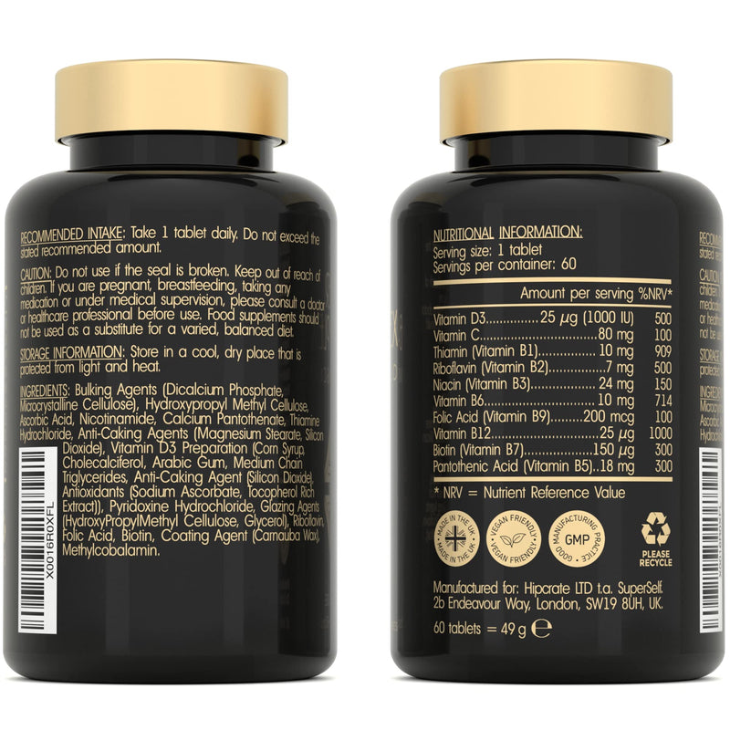 Vitamin B Complex High Strength - Slow Release Super B Complex 60 Tablets - Enriched with Vitamins D & C - Complete Vit B Supplement All 8 Vitamin B12, B6, Folic Acid, Biotin, B1, B2, B3, B5 - UK Made - BeesActive Australia