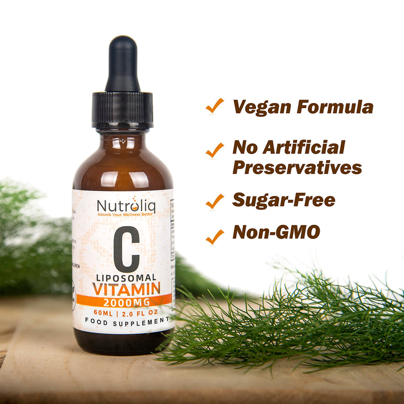 Nutroliq Liposomal Vitamin C Liquid Drops - Vegan Supplements for Men & Women's Health - Helps Boost Immune System - Quick-Absorbing, 2000mg Per Serving, Natural Orange Flavour - 60ml Glass Bottle - BeesActive Australia