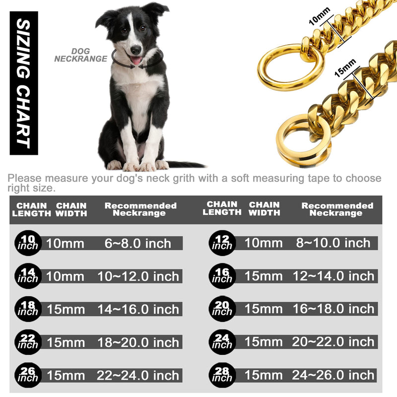 Loveshine Chain Dog Collar 18K Gold Cuban Link Dog Chain 15MM Thick Chain Collar Metal Stainless Steel Heavy Duty Slip Dog Collars for Small, Medium, and Large Dogs(16in to 26in) 12"（Can Over Head of 8" to 11") - BeesActive Australia
