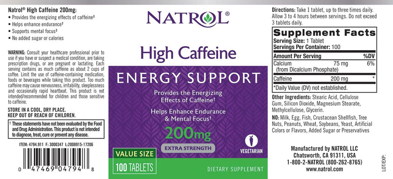 Natrol High Caffeine Tablets, Energy Support, Helps Enhance Endurance and Mental Focus, Caffeine Supplement, Fatigue, Pre-Workout, Extra Strength, 200mg, 100 Count - BeesActive Australia