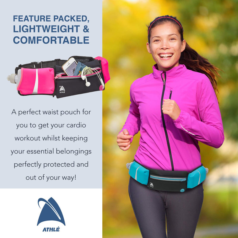[AUSTRALIA] - Athlé Running Belt - 2 10oz Water Bottles, Large Fanny Pack Pocket Fits All Phones and Wallet, Bib Fasteners, Adjustable One Size Fits All Waist Band, Key Clip, 360° Reflective Black 