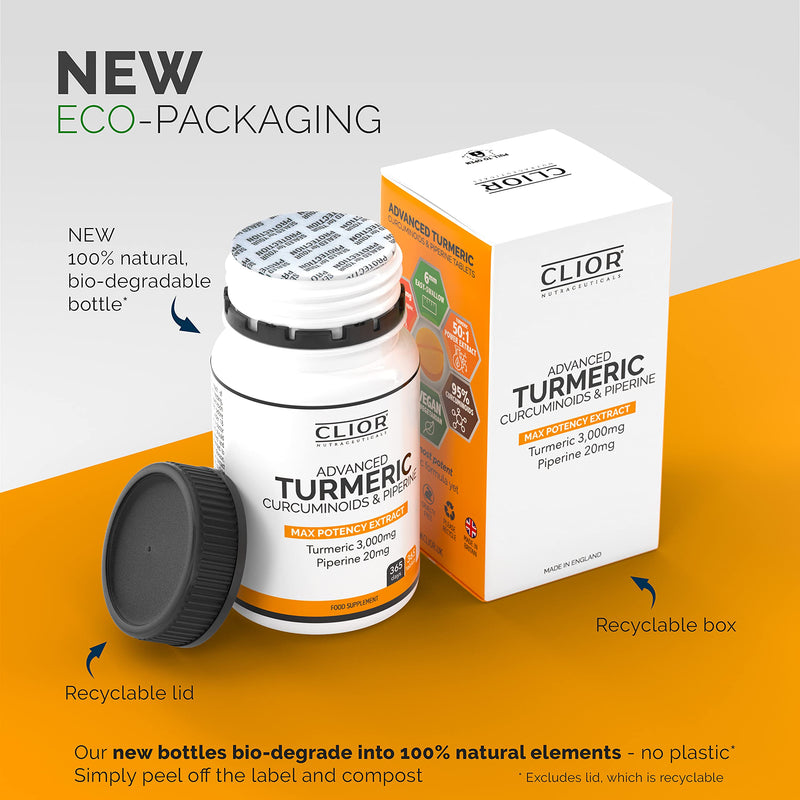 Turmeric Curcumin 3,000mg with Black Pepper x 365 Vegan Tablets High Strength | 1 Year Supply | 95% Curcumins + 20mg Piperine | Tiny Easy-to-Swallow Supplements by Clior (Cambridge Labs) - BeesActive Australia