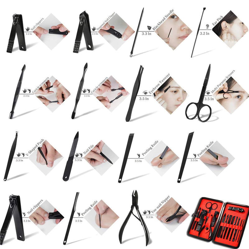 Fingernail scissors set high precision stainless steel professional nail clippers travel beauty set nail tools Pedicure Set 15 pieces, portable fashion box (black/red) zgyad - BeesActive Australia