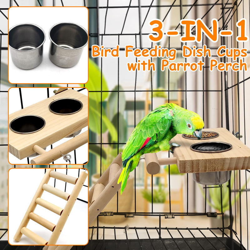 Tfwadmx Bird Food Stainless Steel Cups Wooden Perch Stand Hanging Feeder Bowls Feeding and Watering Supplies for Parakeets Conures Cockatiels Budgie Parrot - BeesActive Australia