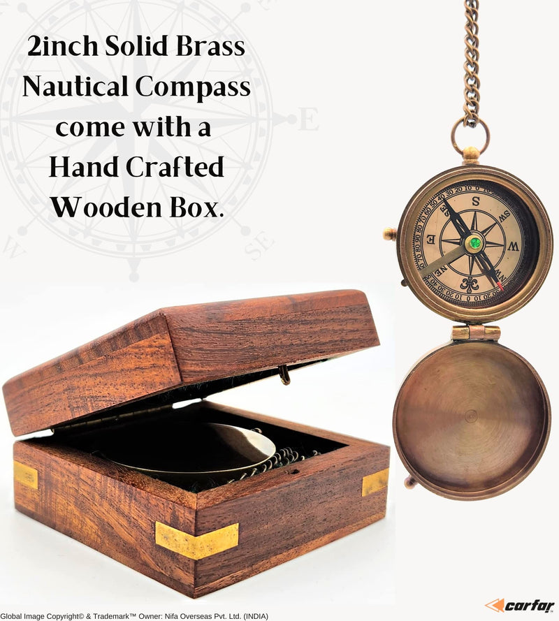 Carfar Nautical Compass Not All Those Who Wander are Lost Engraved Solid Brass Navigational Vintage Marine Compass with Wooden Box - BeesActive Australia