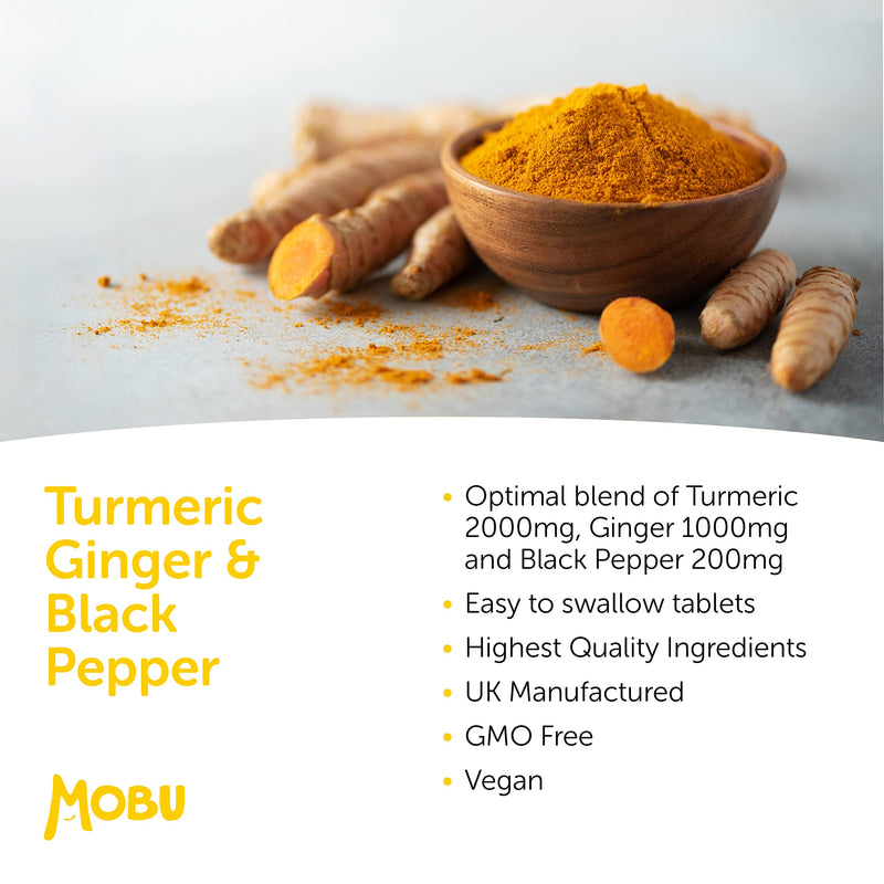 Turmeric 2000mg with Black Pepper & Ginger 120 Tablets | High Strength Curcumin Supplement | Turmeric and Black Pepper Tablets Anti-Inflammatory | Vegan UK Made | GMP Approved | MOBU - BeesActive Australia