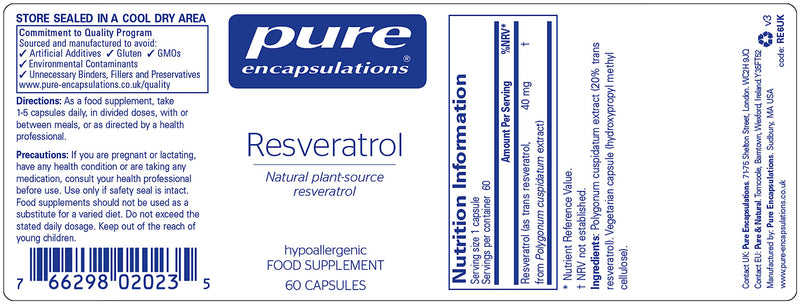Pure Encapsulations - Resveratrol 40mg - Natural Plant-Source Resveratrol Supplement - 60 Vegetarian Capsules - BeesActive Australia