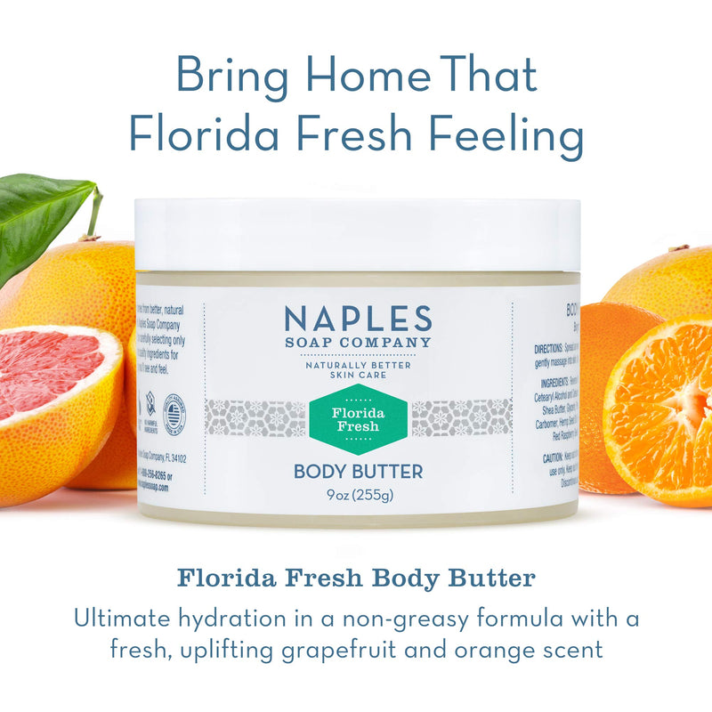 Naples Soap Natural Body Butter - Rich Cocoa Shea Body Butter Made For Women With No Harmful Ingredients - Natural Skin Care For Nourished And Moisturized Skin - 9 oz, Florida Fresh Citrus - BeesActive Australia