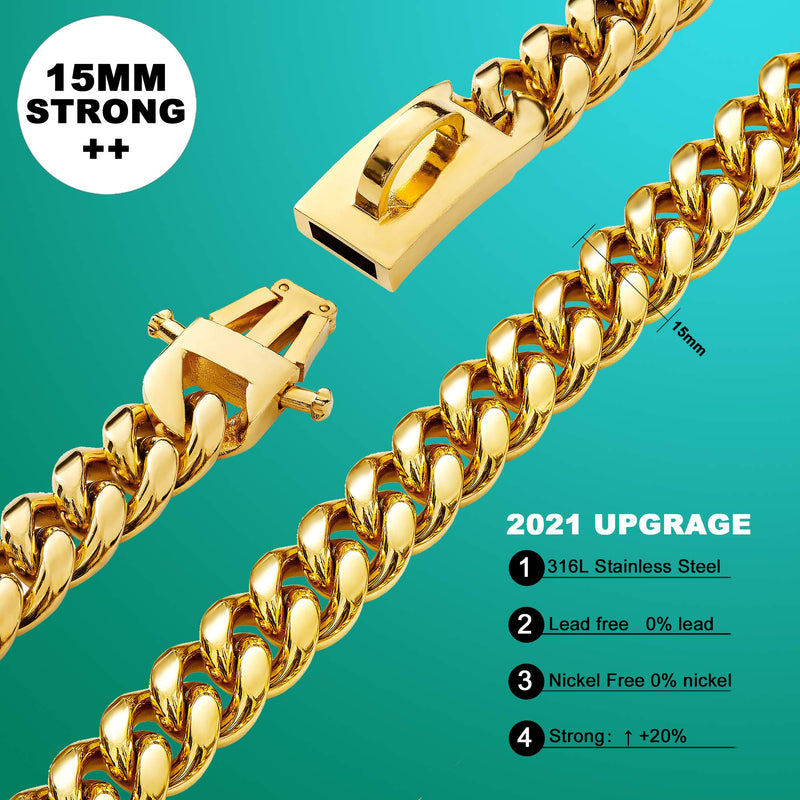 PRADOG Gold Chain Dog Collar Designer Dog Cuban Link Chain Collar with Safty Design Buckle 15MM Metal Stainless Steel Walking Collars (12 to 26in) 18" ( Fits Neck 16" to 17.5") - BeesActive Australia