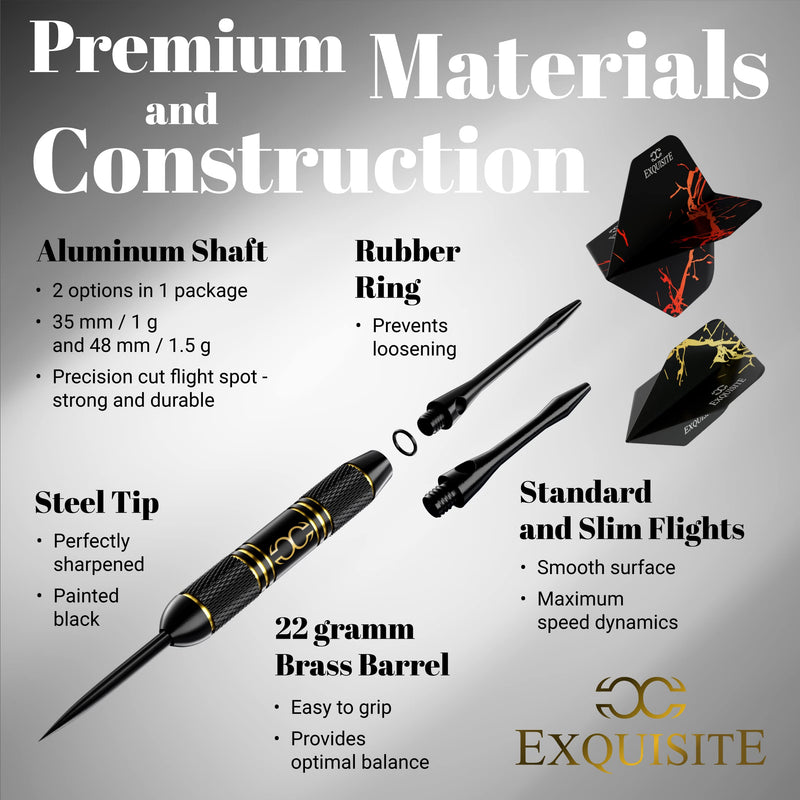 CC-Exquisite Professional Steel Tip Darts Set - 6 x 22g Brass Barrels with 12 Flights Standard/Slim, 12 Aluminum Shafts 35/48mm, 12 O-Rings, Dart Tool, Dart Sharpener and Case (Black & Gold) Lines- 22g - BeesActive Australia