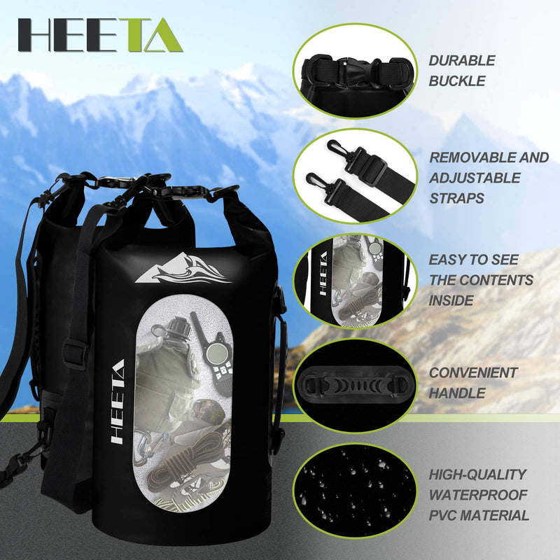 HEETA Waterproof Dry Bag for Women Men, 5L/ 10L/ 20L/ 30L Roll Top Lightweight Dry Storage Bag Backpack with Phone Case for Travel, Swimming, Boating, Kayaking, Camping and Beach Black - BeesActive Australia