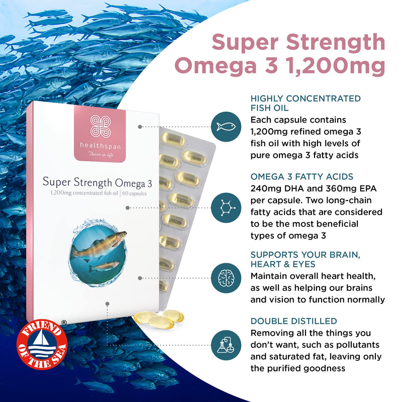 Healthspan Super Strength Omega 3 1,200mg (120 Capsules) | Brain, Heart & Eye Health | 240mg DHA & 360mg EPA per Capsule| Highly Purified to Remove Toxins | Sustainably Sourced Fish Oil 120 Count (Pack of 1) - BeesActive Australia