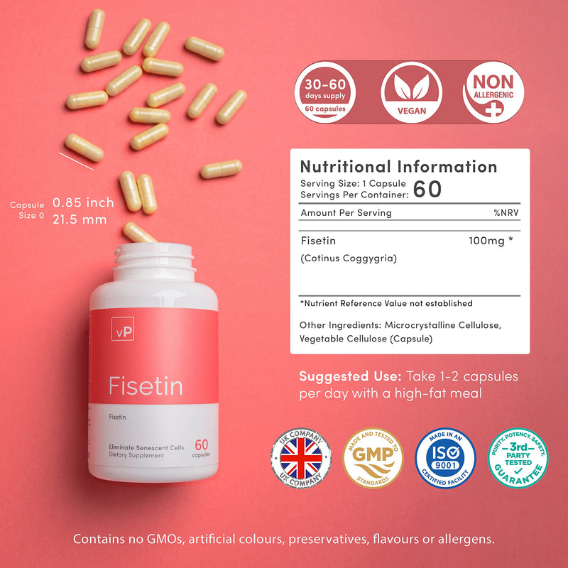 Fisetin 100mg x 60 Capsules - Third Party Tested Over 98% Purity - Natural Fisetin Supplement - Vitality Pro - BeesActive Australia