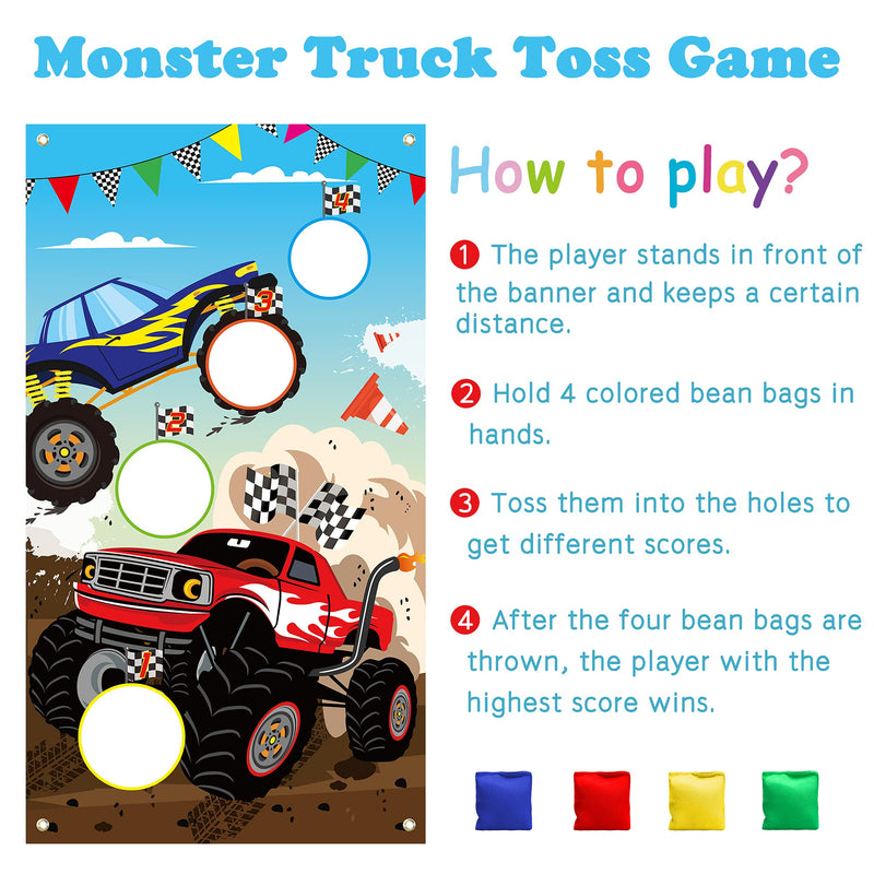 BeYumi Monster Truck Toss Game Banner with Bean Bags Checkered Party Game for Indoor Outdoor Activities 4 Score Holes Game Monster Truck Theme Birthday Party Supplies for Kid Adult - BeesActive Australia