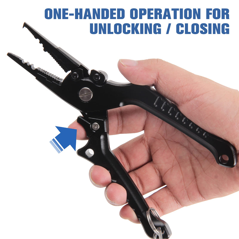 OROOTL Aluminum Fishing Pliers Saltwater Split Ring Pliers Hook Remover Line Cutter Fish Gripper Multitool with Lanyard Sheath Fishing Tool Gear Kit for Freshwater Sea Ice Fishing Black - BeesActive Australia