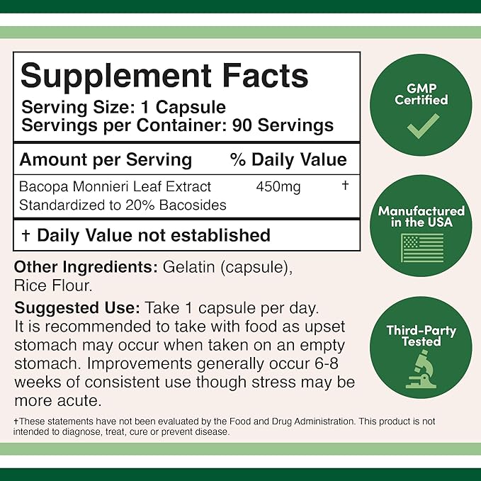 Double Wood Supplements Bacopa Monnieri Capsules - 450mg, 90 Count (Made in the USA) Non-GMO, Gluten-Free, Concentrated 20% Bacosides Extract - BeesActive Australia