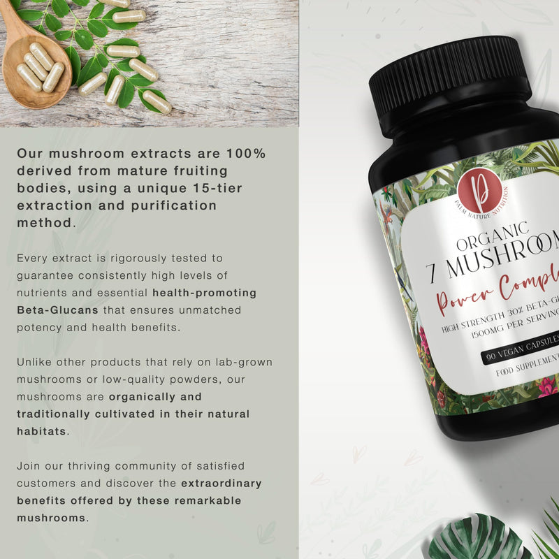 Palm Nature 7 Mushroom Complex - High Strength Extracts Not Powders - 30% Beta-Glucans - 90 Capsules - 1500mg Per Serving - Lions Mane, Chaga, Reishi, Shiitake, Maitake, Tremella, Cordyceps - BeesActive Australia