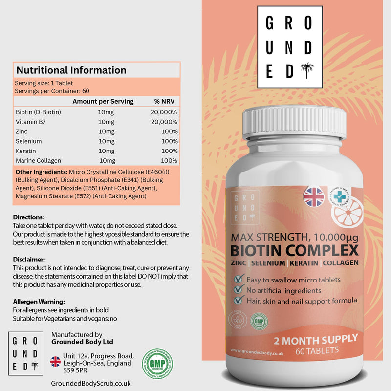 Biotin Hair Growth Supplement Complex 60 Tablets | 10,000 mcg Biotin with Collagen, Selenium, Keratin & Zinc | Promotes Growth, Thickness, Strength & Volume | Men & Women Hair Support Vitamins - BeesActive Australia