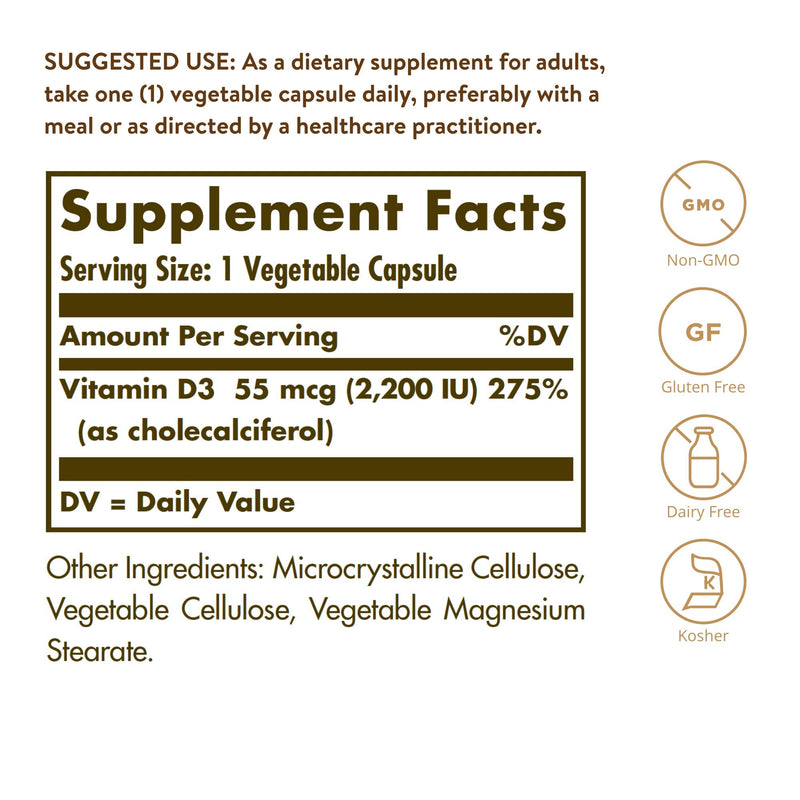 Solgar Vitamin D3 (Cholecalciferol) 2200 IU (55 �g) Vegetable Capsules - Pack of 100 - Healthy Bones and Teeth - Supports Immunity and Muscle Function - Vegetarian Unflavoured 100 Count (Pack of 1) - BeesActive Australia