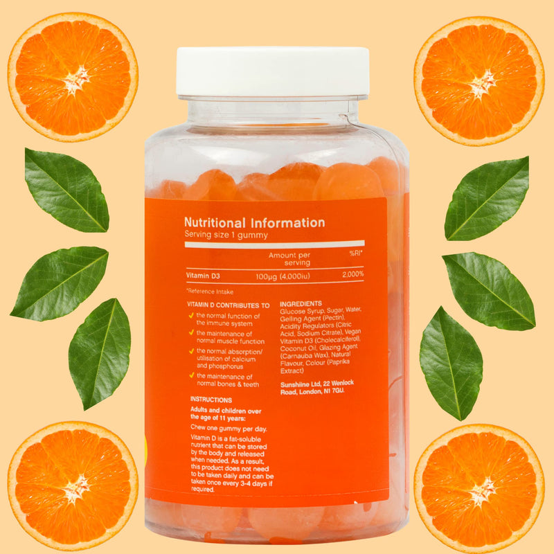 Sunshiine Vegan Vitamin D3 4000 IU Gummies - Vitamin D Important for Immunity & Bones - Vitamin D3 Chewable Gummies 60 Count - Vitamin D Gummies for Adults and Children Above Age 11, Orange Flavour - BeesActive Australia