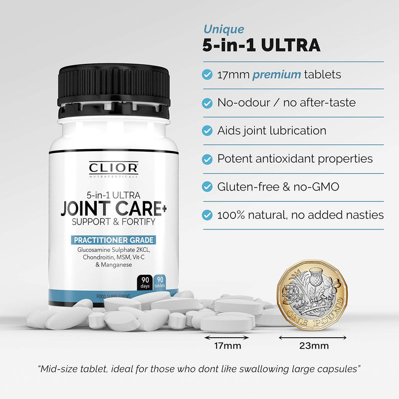 5-in-1 Ultra Joint Care x 90 High Strength Tablets (3 Months Supply) inc. Glucosamine Sulphate 2KCL, Chondroitin, MSM, Manganese, Vitamin C | Practitioner Grade Joint Support by Clior (UK) - BeesActive Australia