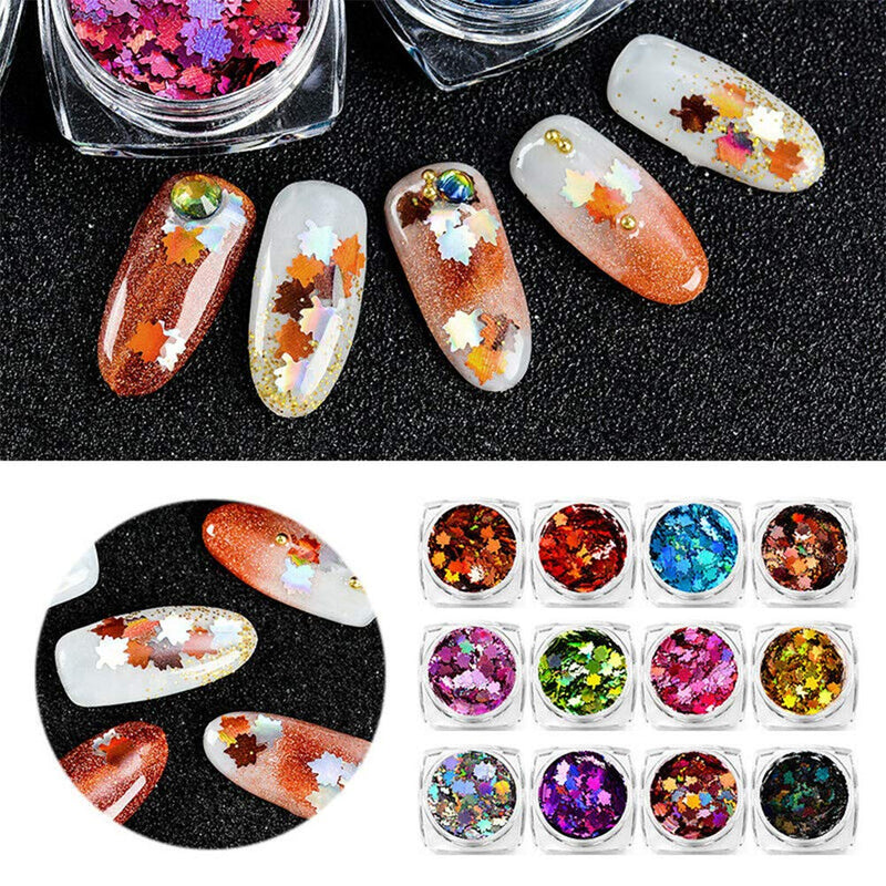 wiwi 12 Colors Maple Leaf Nail Sequins Laser Nail Art Glitters Thin Paillette Flakes Stickers DIY Colored Nail Art Supplies - BeesActive Australia