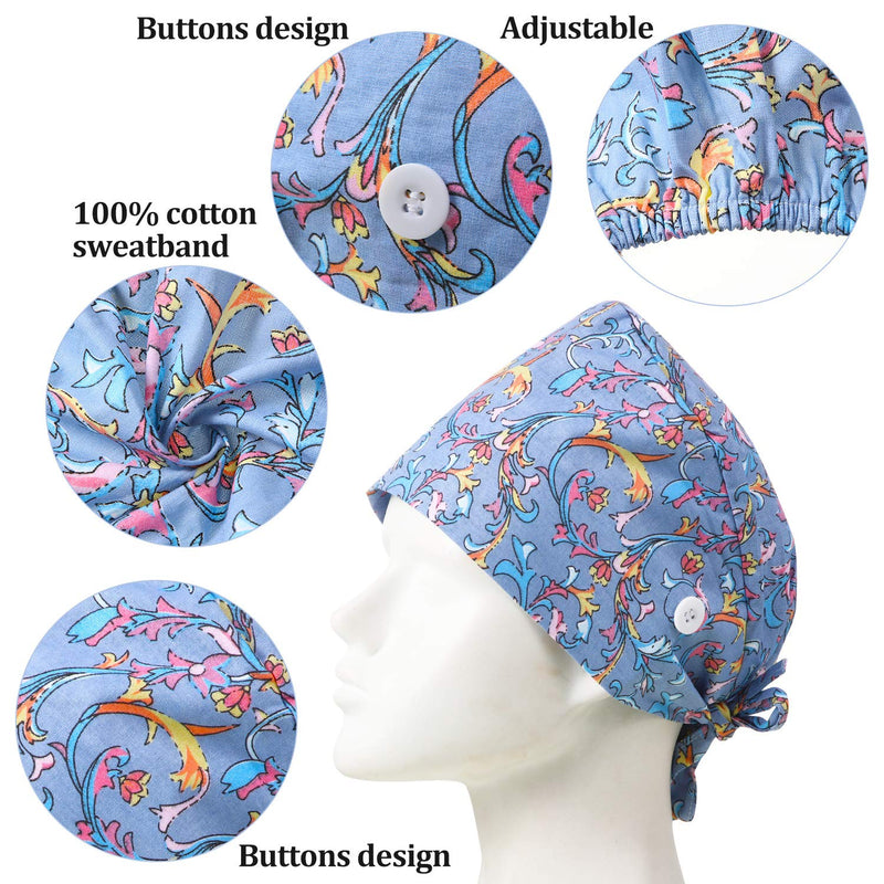 SATINIOR 6 Pieces Adjustable Turban Caps with Button and Cotton Sweatband Bouffant Printed Covering Hat for Women Men - BeesActive Australia