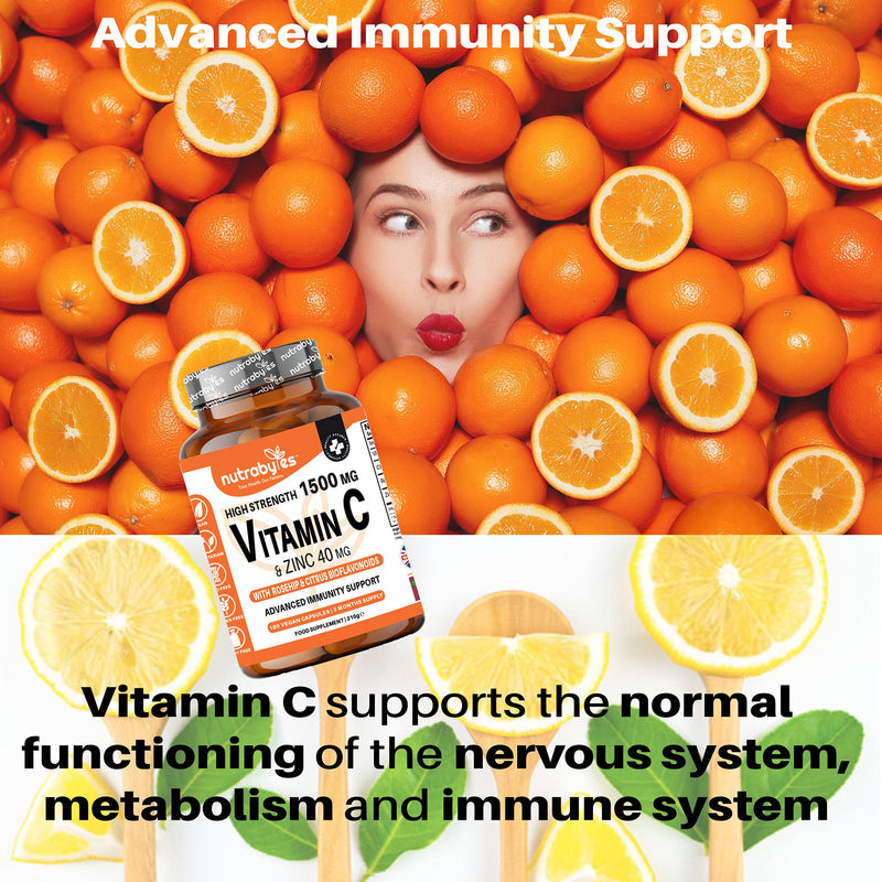 High Strength Vitamin C and Zinc Capsules | Vitamin C 1500mg and Zinc 40mg | Enhanced with Rosehip and Citrus Bioflavonoids | for Maintenance of Normal Immune System | 180 Vegan Capsules | Made in UK 180 Count (Pack of 1) - BeesActive Australia