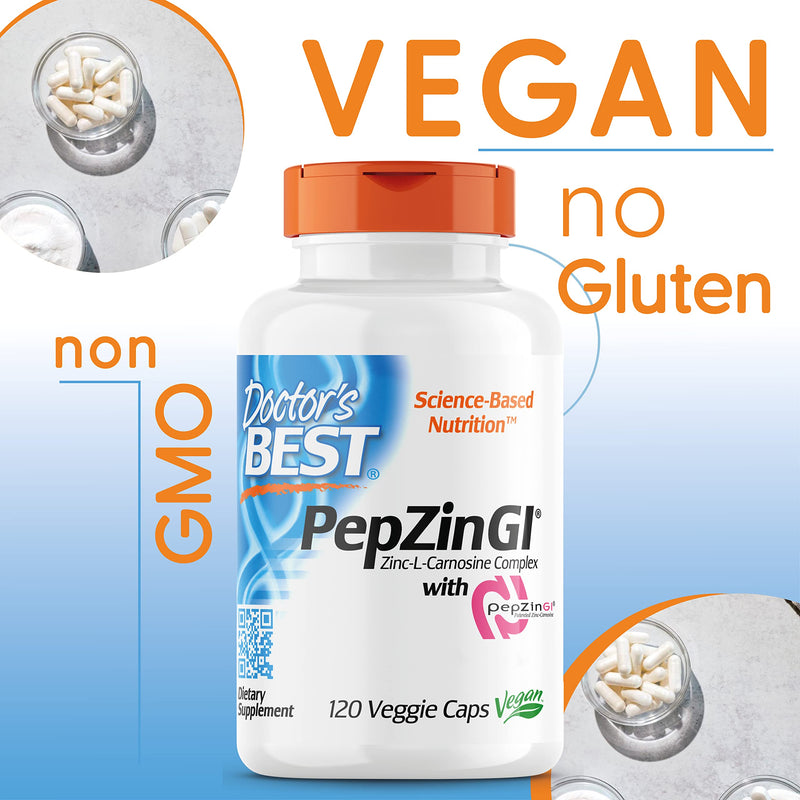Doctor's Best, PepZinGI, Zinc-L-Carnosine Complex, 120 Vegan Capsules, Lab Tested, Minerals, Gluten Free, SOYA Free, Vegetarian - BeesActive Australia