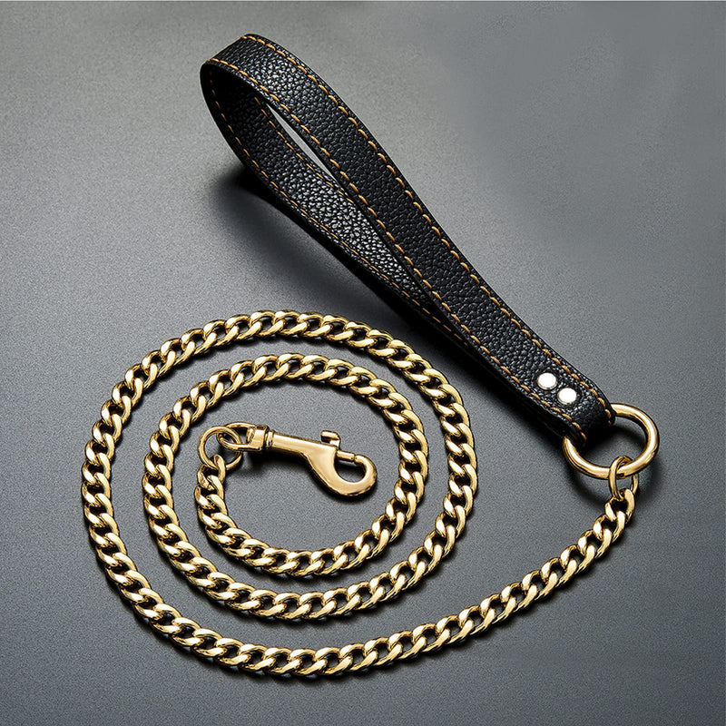 Rose Gold Chain Dog Leash,12MM Width Rose Gold Plated Strong Stainless Steel NK Link Chain with PU Leather Handle,Metal Leash for Small Medium,Large Dogs 4.3ft(52 inch) - BeesActive Australia