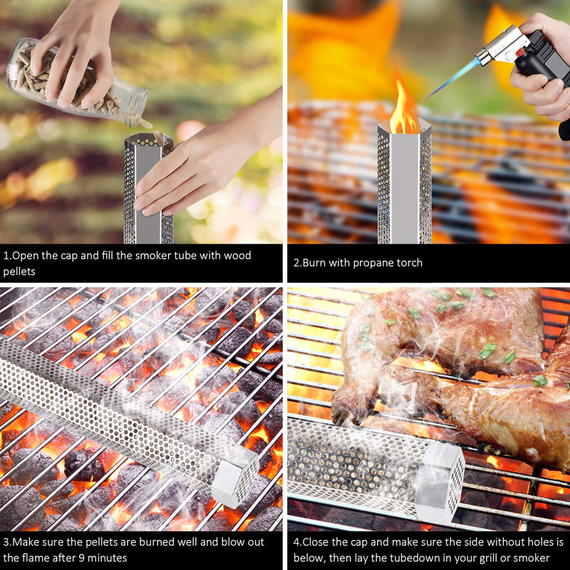 [AUSTRALIA] - NEARPOW Pellet Smoker Tube, 6 Hours of Billowing Smoke, 2 Caps and Non-perforated at One Side, Portable Cold Hot Smoking Tube, 12'' Wood Pellet Barbecue Tube Smoker Hexagonal for Any Grill or Smoker 