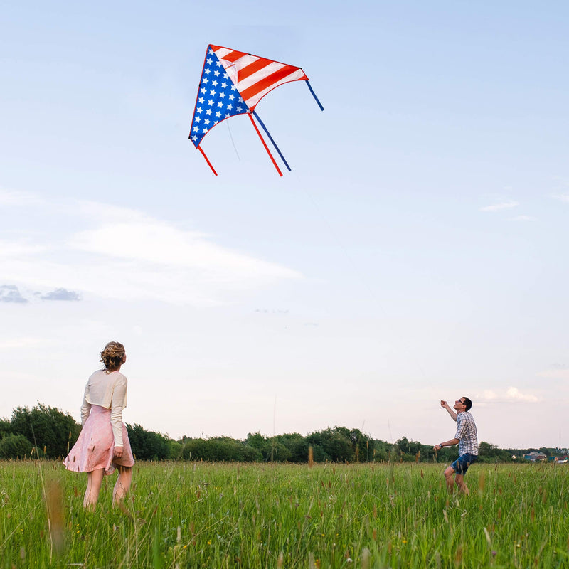 JEKOSEN 50" Patriotic American Flag Large Delta Kite for Kids and Adults Single Line with 58" Tail String Easy to Fly for Beach Trip Park Family Outdoor Games and Activities Red/Blue/White - BeesActive Australia
