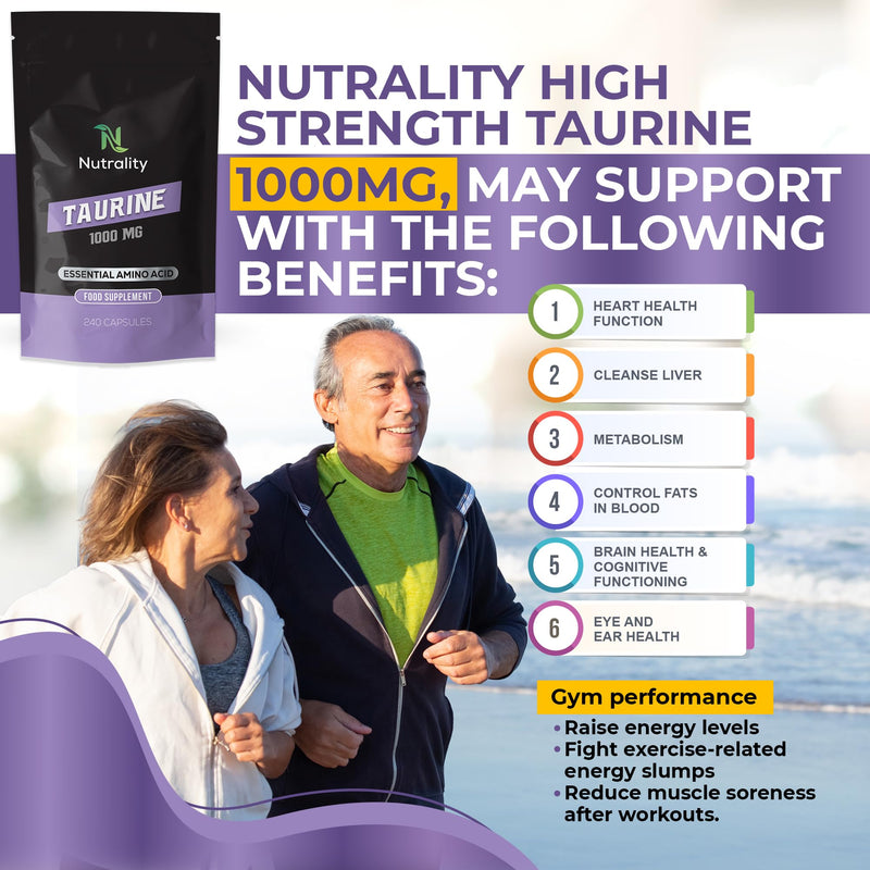 Nutrality Taurine Supplement 1000mg 240 Capsules-High Strength Energy and Endurance-Amino Acid Supplement for Overall Health- Sports Performance - Sleep Improvement-Suitable for Vegan, Vegetarians - BeesActive Australia